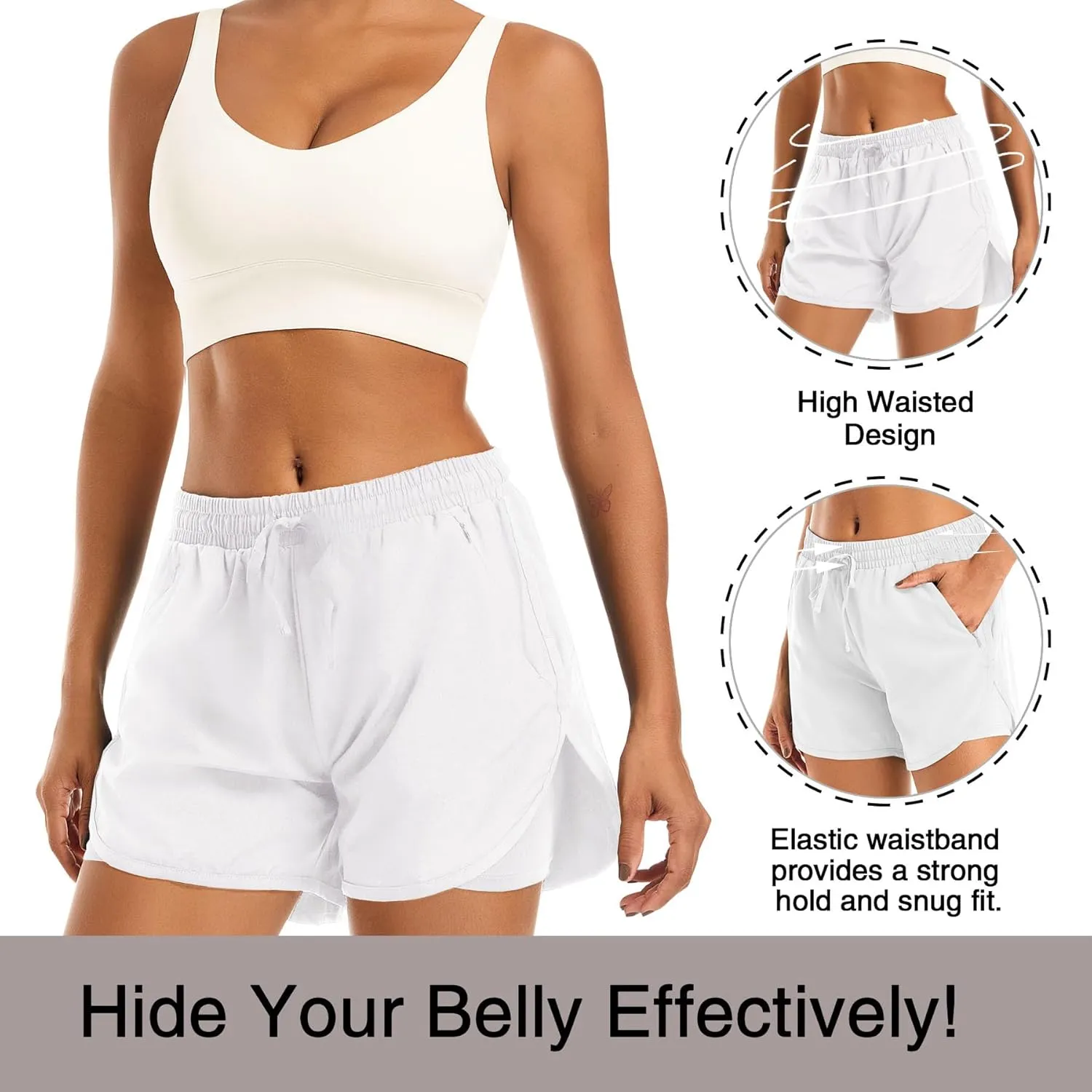 Women's 2 in 1 Athletic Running Shorts High Waisted Workout Casual Gym Sweat Shorts Mesh Comfy Liner Zipper Pockets