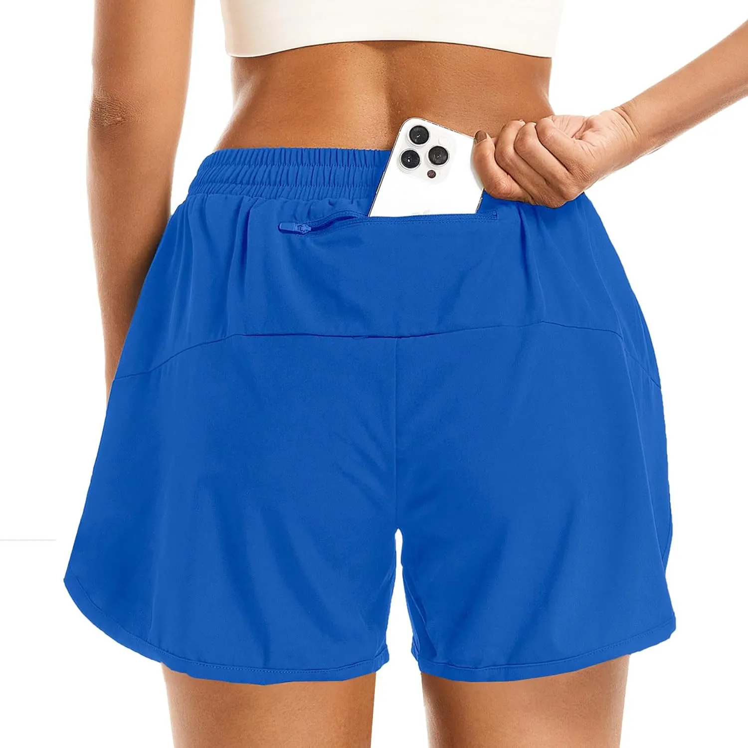Women's 2 in 1 Athletic Running Shorts High Waisted Workout Casual Gym Sweat Shorts Mesh Comfy Liner Zipper Pockets