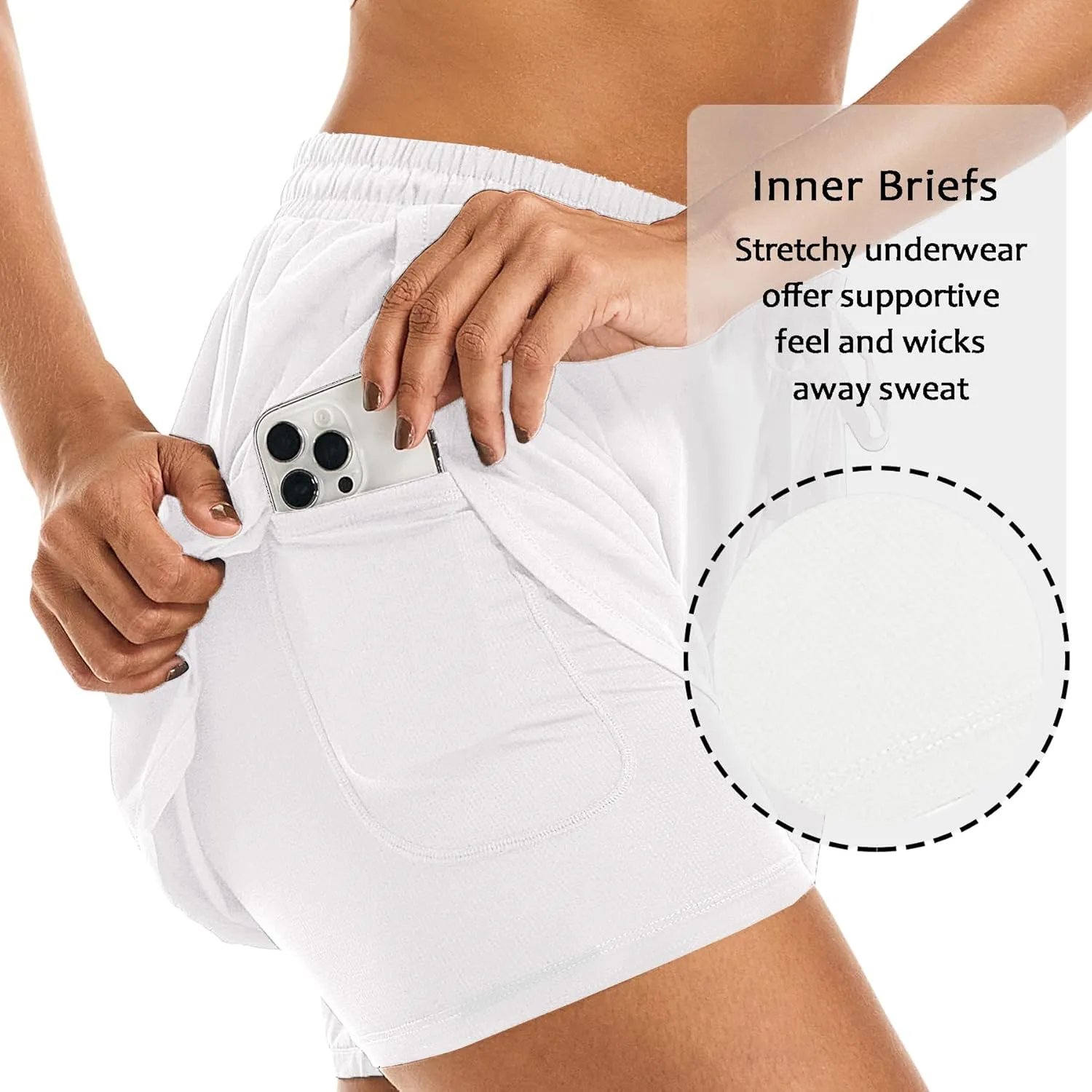 Women's 2 in 1 Athletic Running Shorts High Waisted Workout Casual Gym Sweat Shorts Mesh Comfy Liner Zipper Pockets