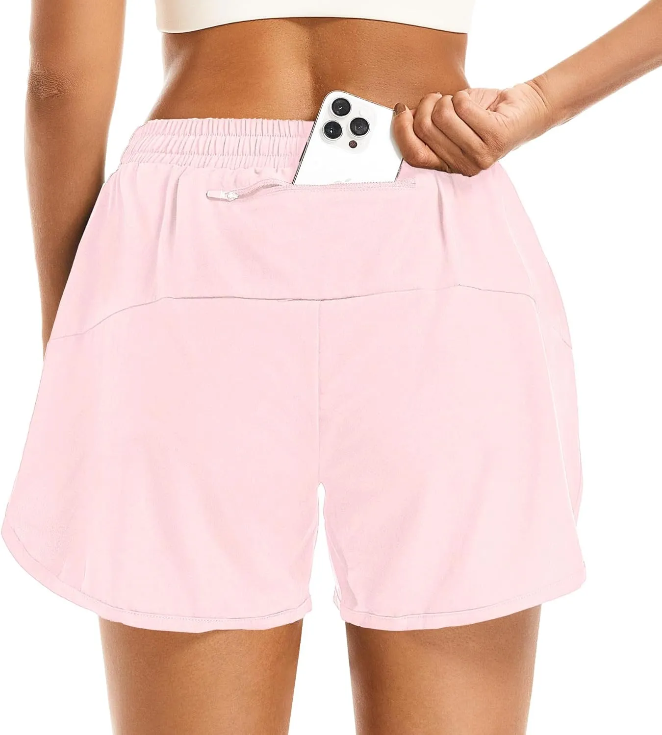 Women's 2 in 1 Athletic Running Shorts High Waisted Workout Casual Gym Sweat Shorts Mesh Comfy Liner Zipper Pockets