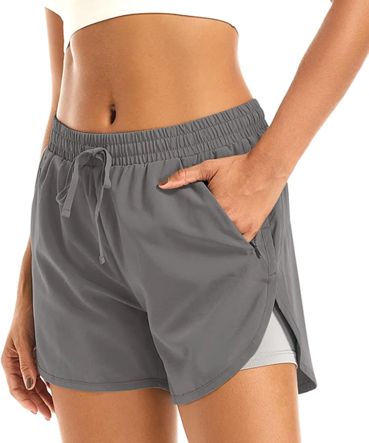 Women's 2 in 1 Athletic Running Shorts High Waisted Workout Casual Gym Sweat Shorts Mesh Comfy Liner Zipper Pockets