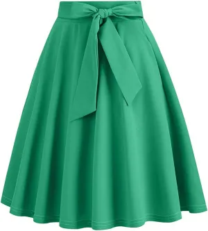 Women's 50s Retro Skirts Vintage Hepburn Style High Waist Lace Up Flared Solid Color A-Line Rockabilly Swing Skirt