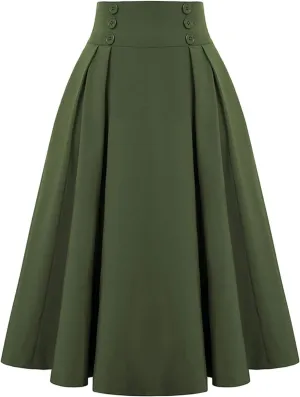 Womens A Line High Waisted Midi Skirts Button Down Fall Vintage Pleated Casual Flowy Button Down Swing Long Skirt