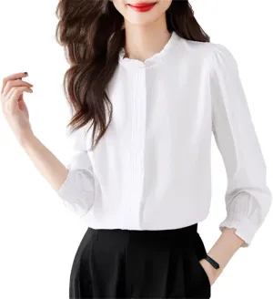Women's All Season Chiffon Blouse White Ruffled Long Sleeve Elegant Top Romantic Office Shirt