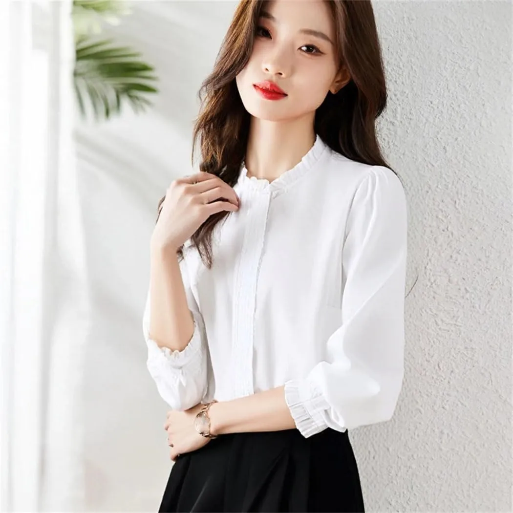 Women's All Season Chiffon Blouse White Ruffled Long Sleeve Elegant Top Romantic Office Shirt