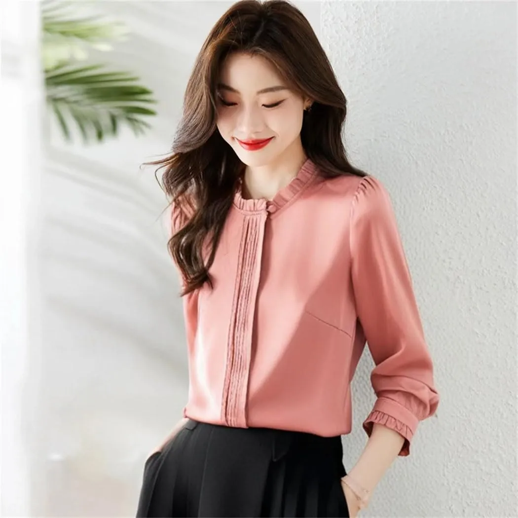 Women's All Season Chiffon Blouse White Ruffled Long Sleeve Elegant Top Romantic Office Shirt