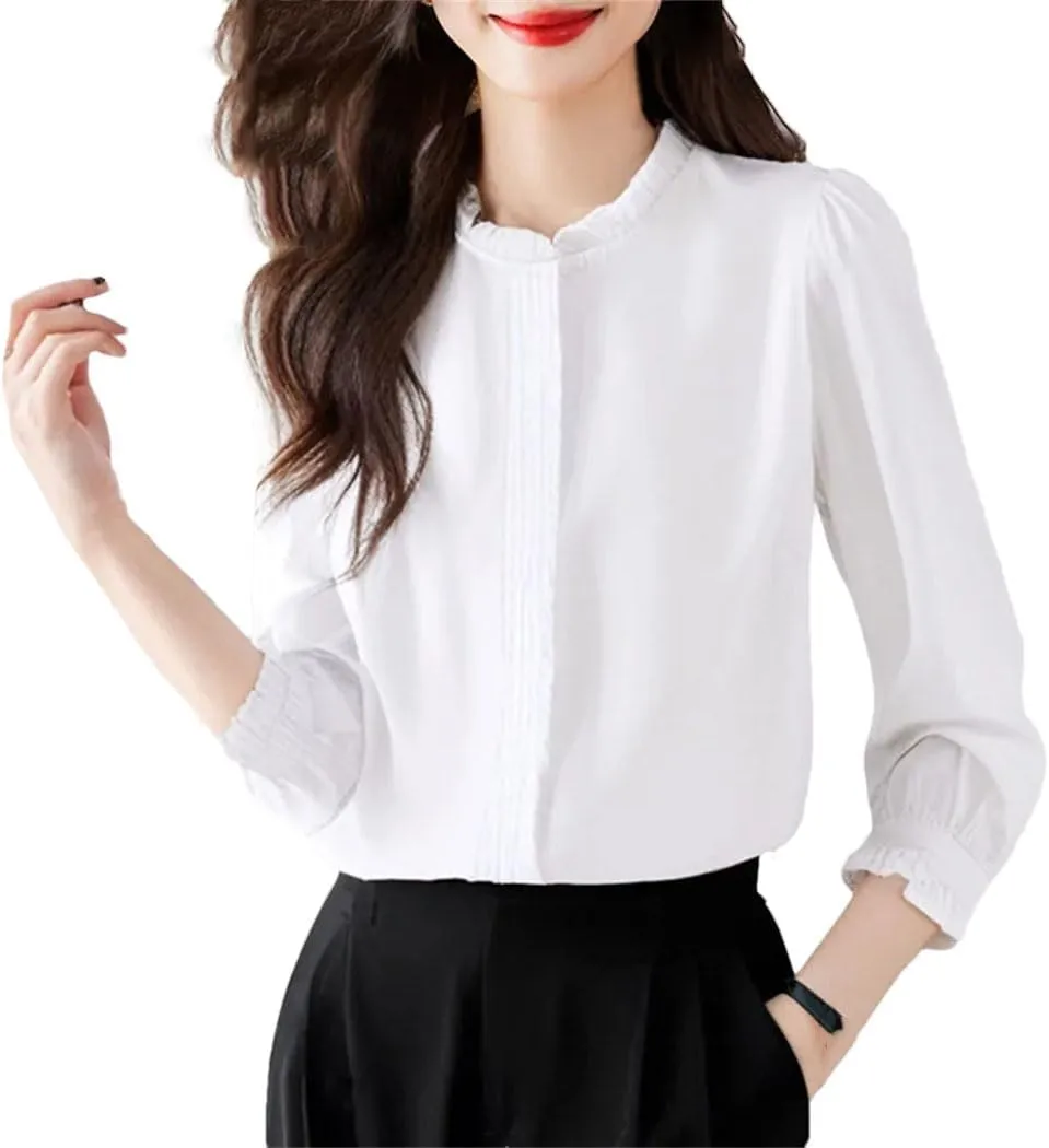 Women's All Season Chiffon Blouse White Ruffled Long Sleeve Elegant Top Romantic Office Shirt