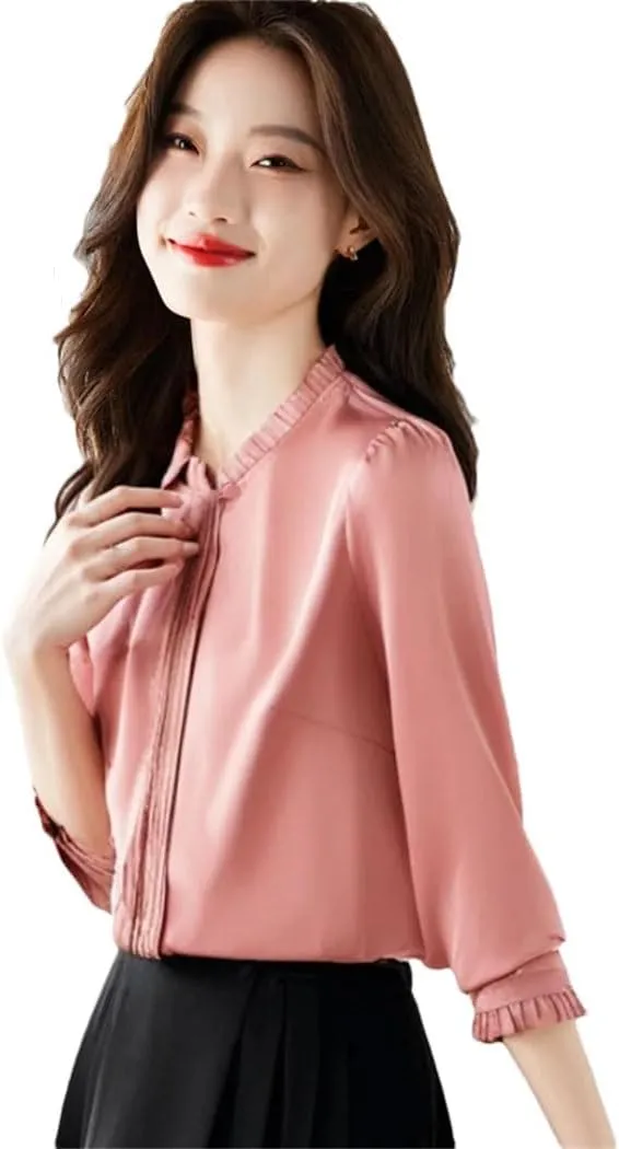 Women's All Season Chiffon Blouse White Ruffled Long Sleeve Elegant Top Romantic Office Shirt