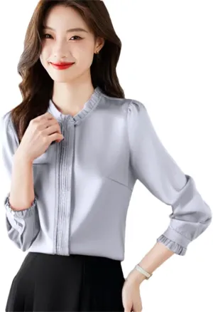 Women's All Season Chiffon Blouse White Ruffled Long Sleeve Elegant Top Romantic Office Shirt