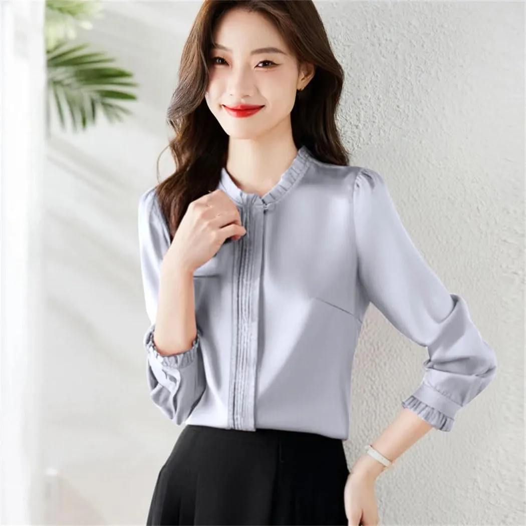 Women's All Season Chiffon Blouse White Ruffled Long Sleeve Elegant Top Romantic Office Shirt