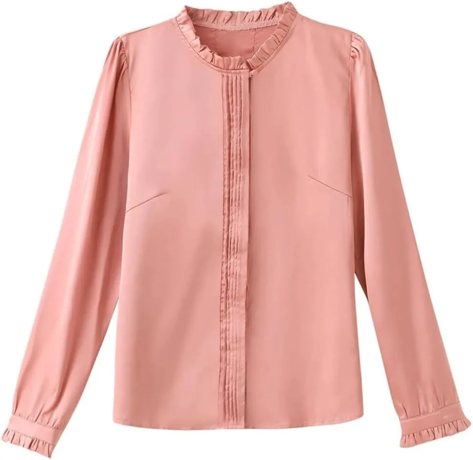 Women's All Season Chiffon Blouse White Ruffled Long Sleeve Elegant Top Romantic Office Shirt