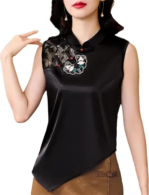 Women's Asymmetric Silk Satin Blouse Mandarin Collar Sleeveless Embroidered Top Breathable Wedding Guest Outfit