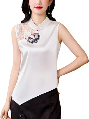 Women's Asymmetric Silk Satin Blouse Mandarin Collar Sleeveless Embroidered Top Breathable Wedding Guest Outfit