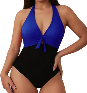 Womens Bikini Suimwear Patchwork One Piece Halter V Neck Push Up Padded Swimsuits Belted Tummy Control Backless Swimwear