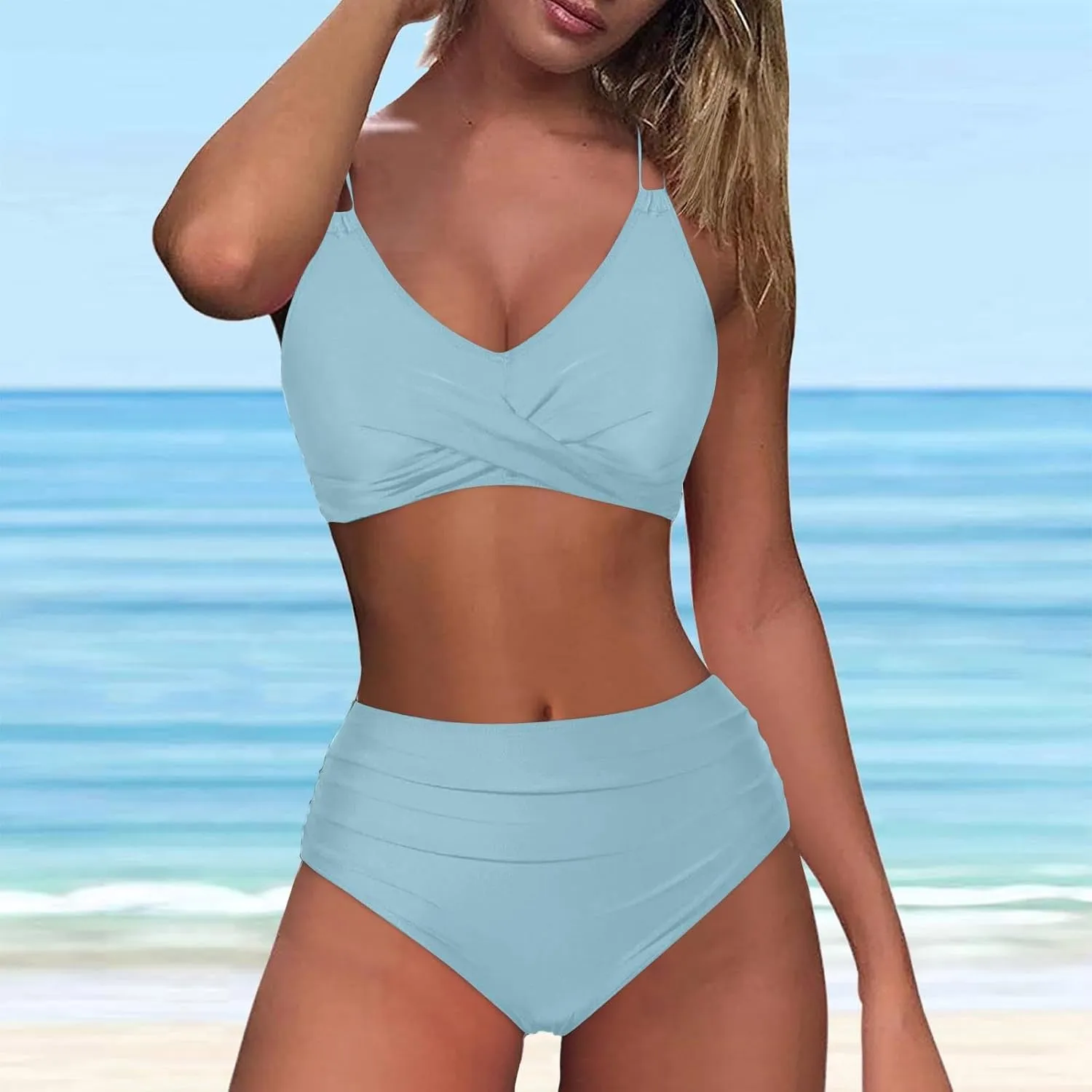 Womens Bikini Swimsuits Two Piece High Waist Bathing Suits Double Shoulder Straps Front Cross Sexy Swimwear