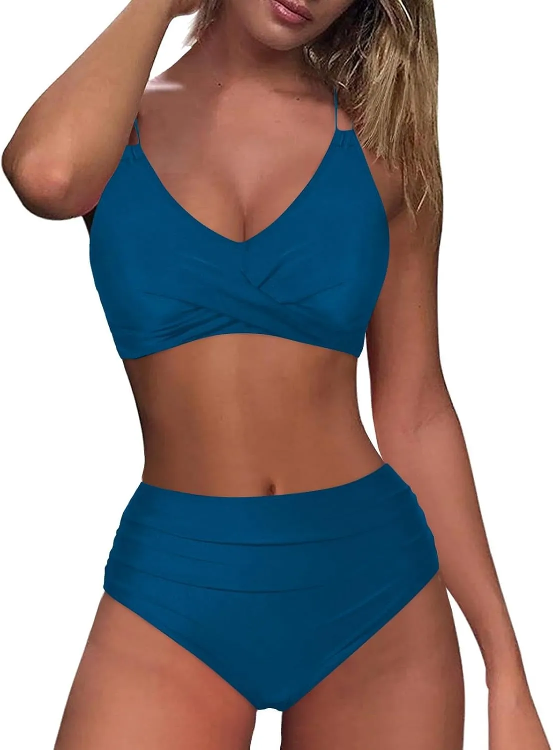 Womens Bikini Swimsuits Two Piece High Waist Bathing Suits Double Shoulder Straps Front Cross Sexy Swimwear