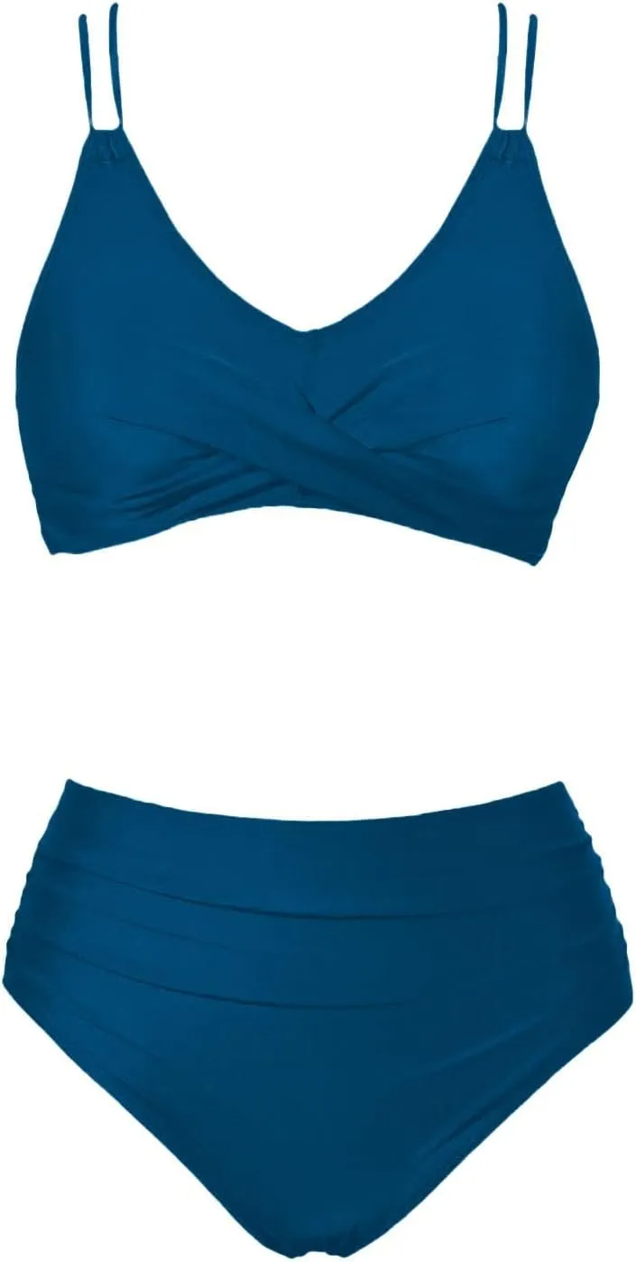 Womens Bikini Swimsuits Two Piece High Waist Bathing Suits Double Shoulder Straps Front Cross Sexy Swimwear