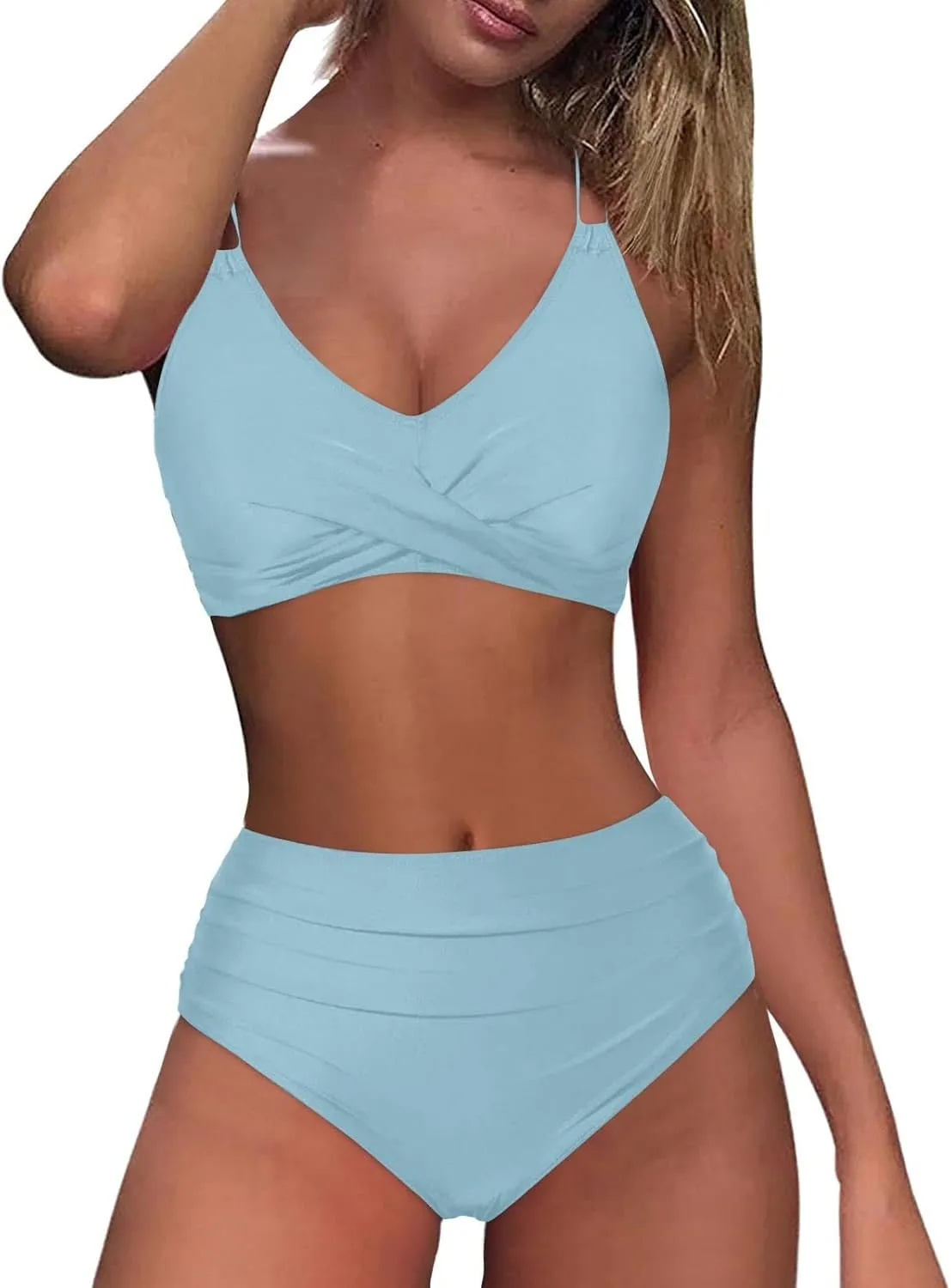 Womens Bikini Swimsuits Two Piece High Waist Bathing Suits Double Shoulder Straps Front Cross Sexy Swimwear