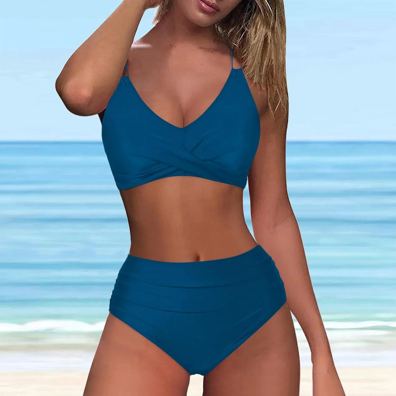 Womens Bikini Swimsuits Two Piece High Waist Bathing Suits Double Shoulder Straps Front Cross Sexy Swimwear
