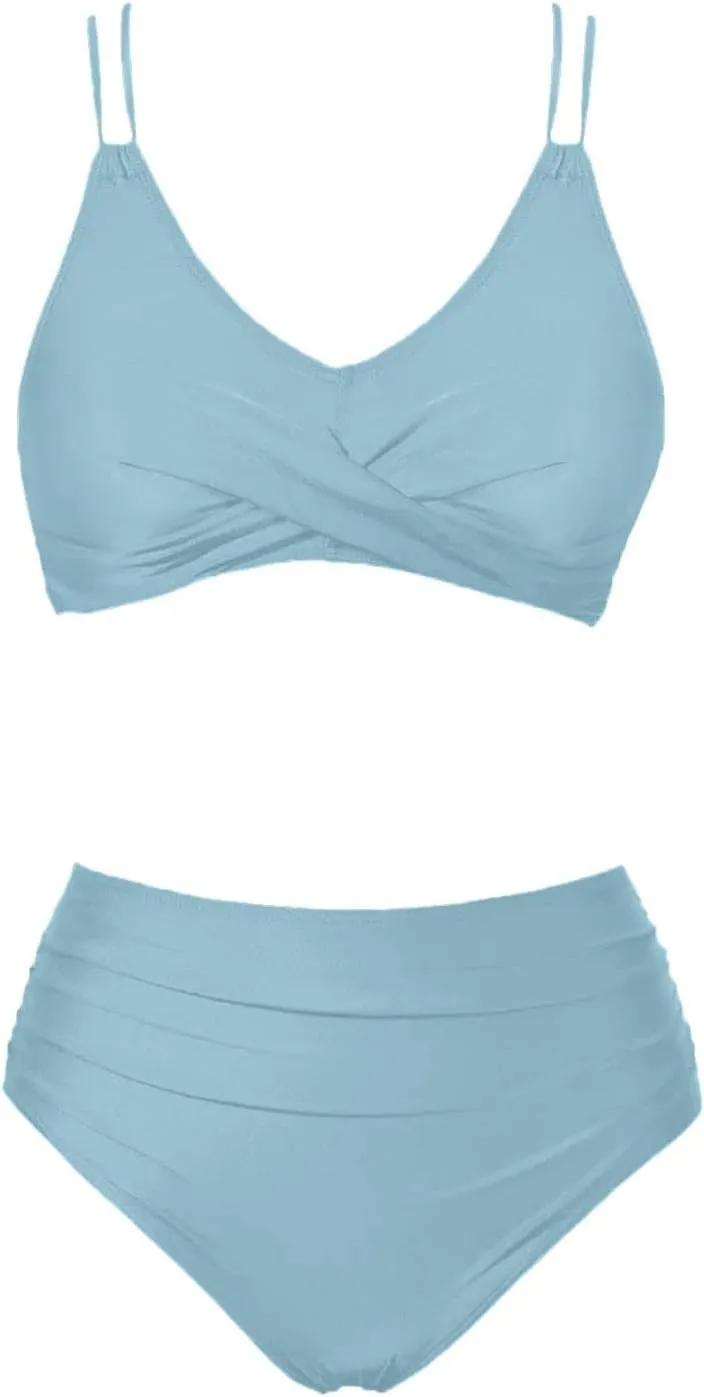 Womens Bikini Swimsuits Two Piece High Waist Bathing Suits Double Shoulder Straps Front Cross Sexy Swimwear