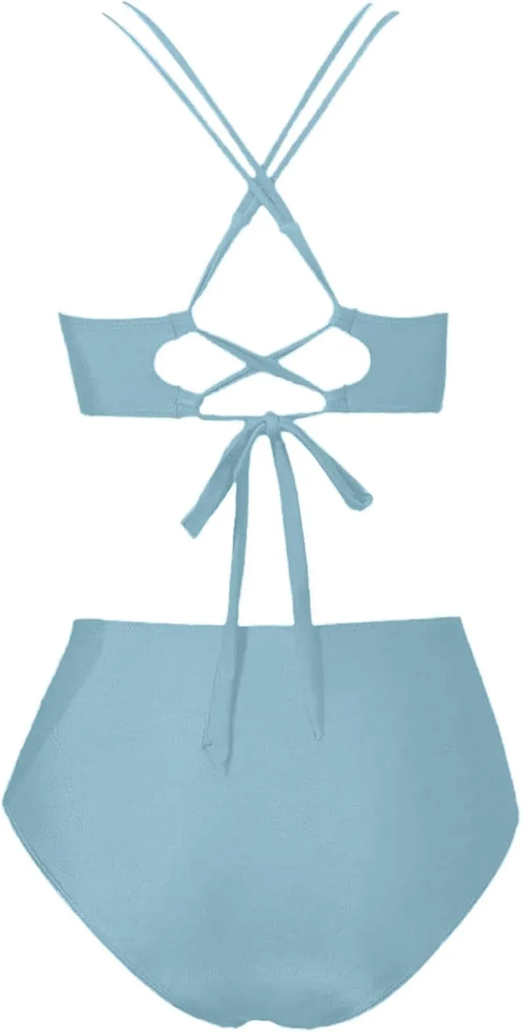 Womens Bikini Swimsuits Two Piece High Waist Bathing Suits Double Shoulder Straps Front Cross Sexy Swimwear