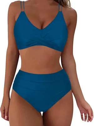 Womens Bikini Swimsuits Two Piece High Waist Bathing Suits Double Shoulder Straps Front Cross Sexy Swimwear