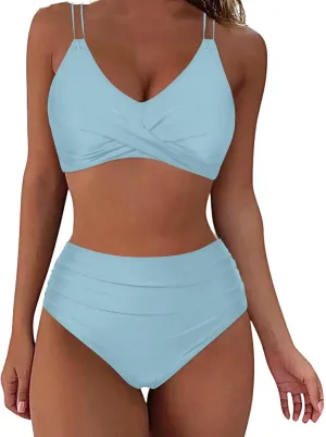 Womens Bikini Swimsuits Two Piece High Waist Bathing Suits Double Shoulder Straps Front Cross Sexy Swimwear