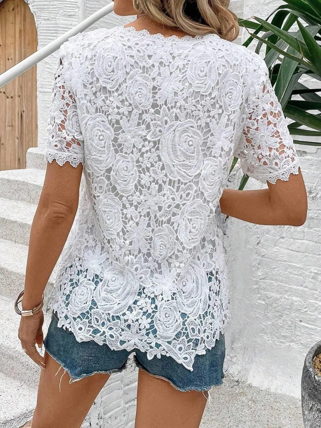 Women's Blouses Shirts Solid Color Lace Casual Shirt Trendy Tshirts Tops