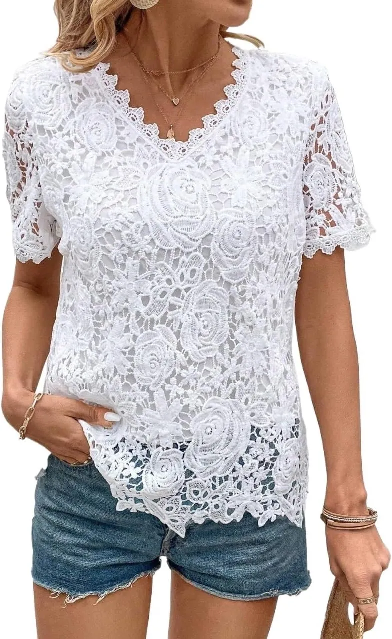 Women's Blouses Shirts Solid Color Lace Casual Shirt Trendy Tshirts Tops