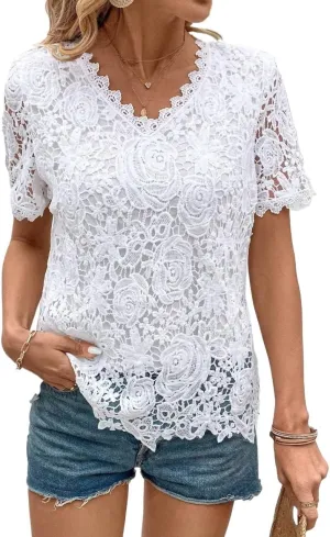 Women's Blouses Shirts Solid Color Lace Casual Shirt Trendy Tshirts Tops