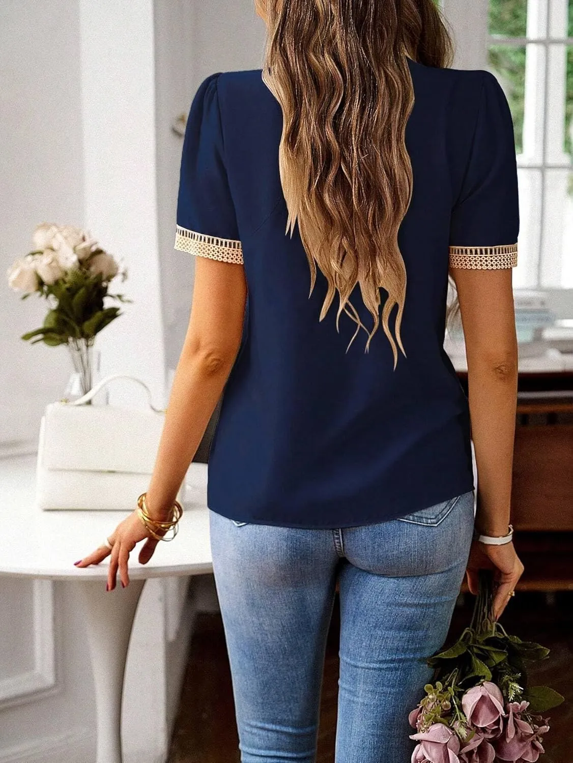 Women's Blouses Shirts Spliced Lace Soluble Collar Casual Shirt Short Sleeve Blouse Trendy Tshirts Tops