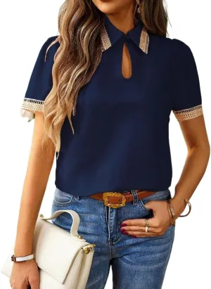 Women's Blouses Shirts Spliced Lace Soluble Collar Casual Shirt Short Sleeve Blouse Trendy Tshirts Tops
