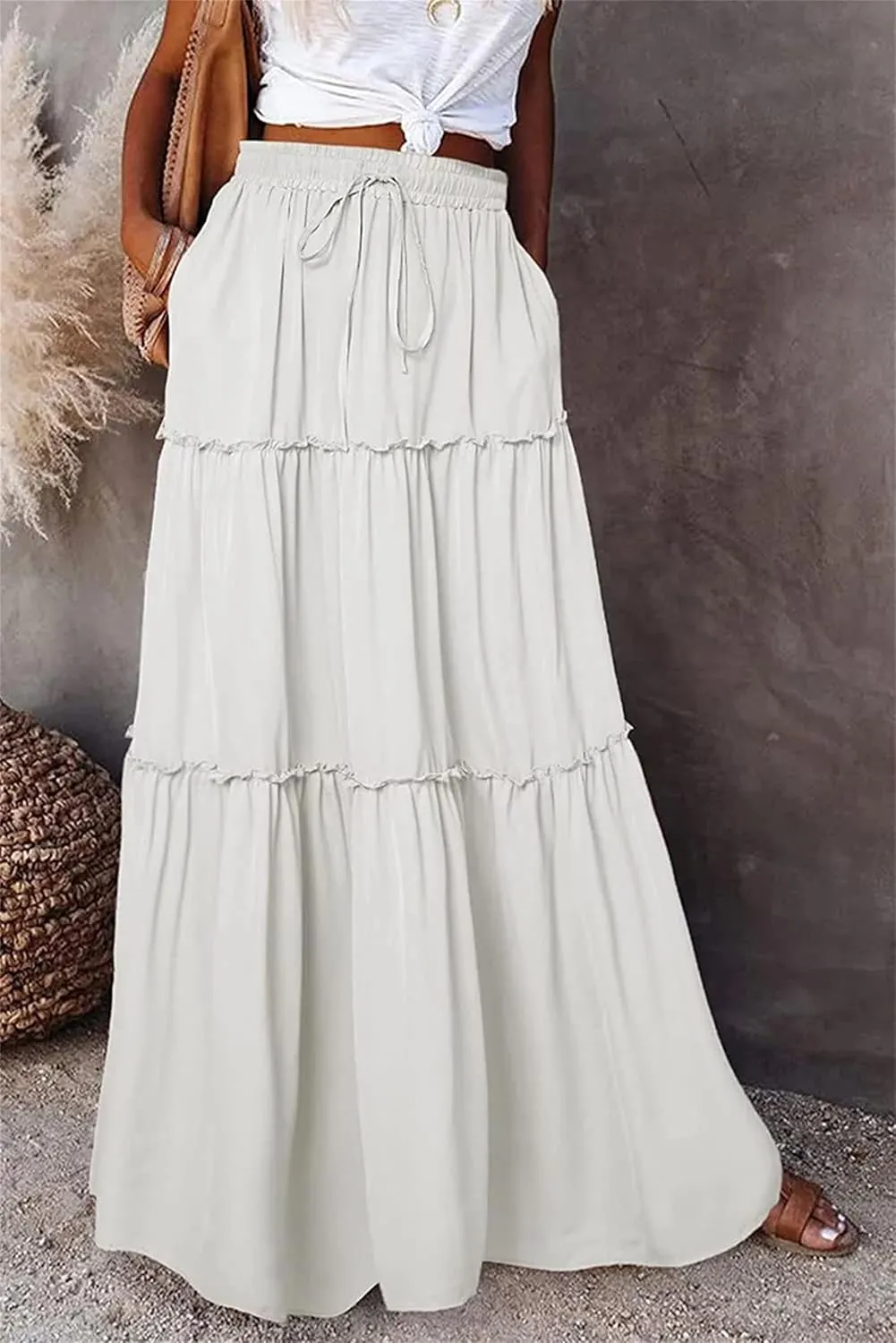 Womens Bohemian Long Maxi Skirt Elastic High Waist Flowy Swing A Line Ruffle Tiered Maxi Skirt Long Beach Skirts