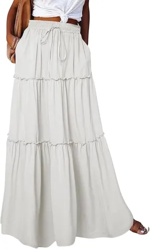 Womens Bohemian Long Maxi Skirt Elastic High Waist Flowy Swing A Line Ruffle Tiered Maxi Skirt Long Beach Skirts