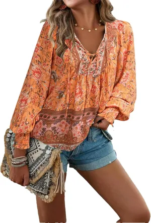 Women's Boho Floral Blouse – Long Sleeve V Neck Peasant Shirt with Tassel Tie, Casual Loose Fit Tunic Top