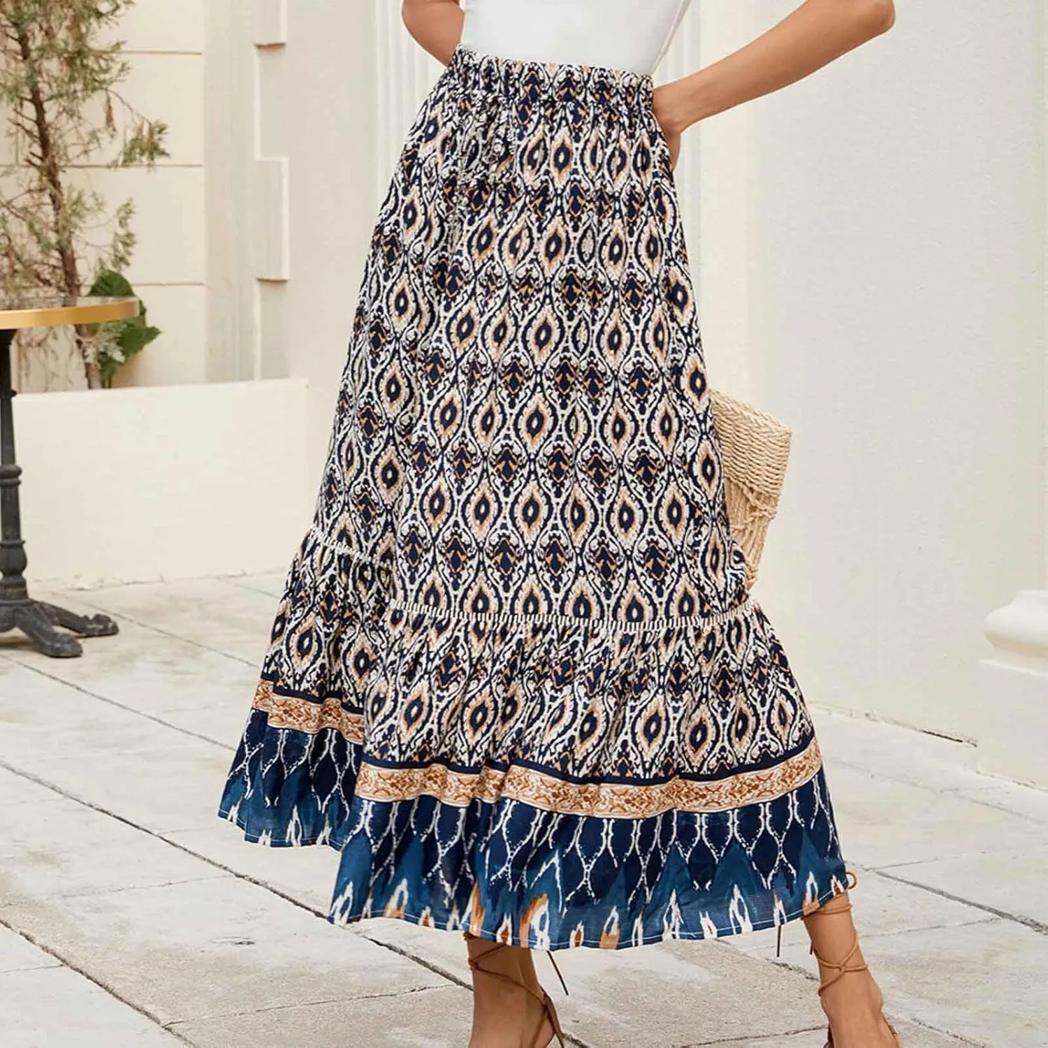 Women's Boho Flowy Midi Skirts Summer Casual Elastic High Waist A-Line Skirts Elegant Vacation Beach Long Skirt