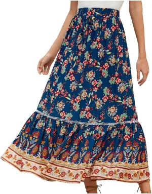Women's Boho Flowy Midi Skirts Summer Casual Elastic High Waist A-Line Skirts Elegant Vacation Beach Long Skirt