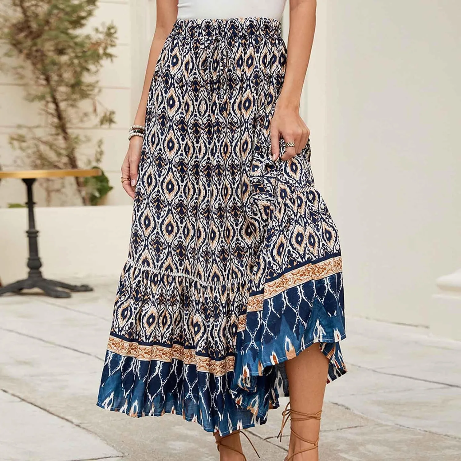 Women's Boho Flowy Midi Skirts Summer Casual Elastic High Waist A-Line Skirts Elegant Vacation Beach Long Skirt