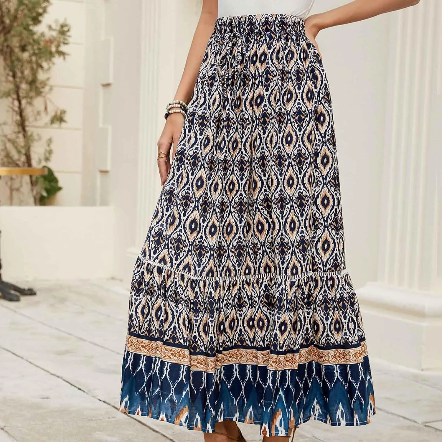 Women's Boho Flowy Midi Skirts Summer Casual Elastic High Waist A-Line Skirts Elegant Vacation Beach Long Skirt