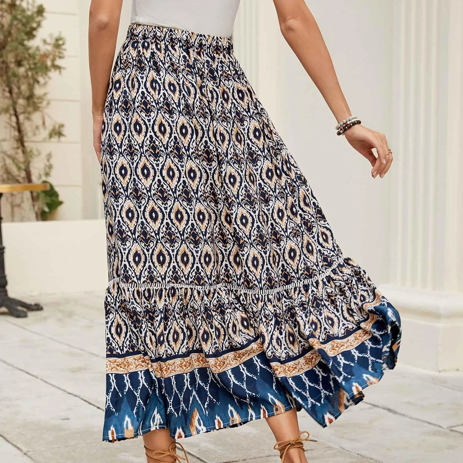Women's Boho Flowy Midi Skirts Summer Casual Elastic High Waist A-Line Skirts Elegant Vacation Beach Long Skirt