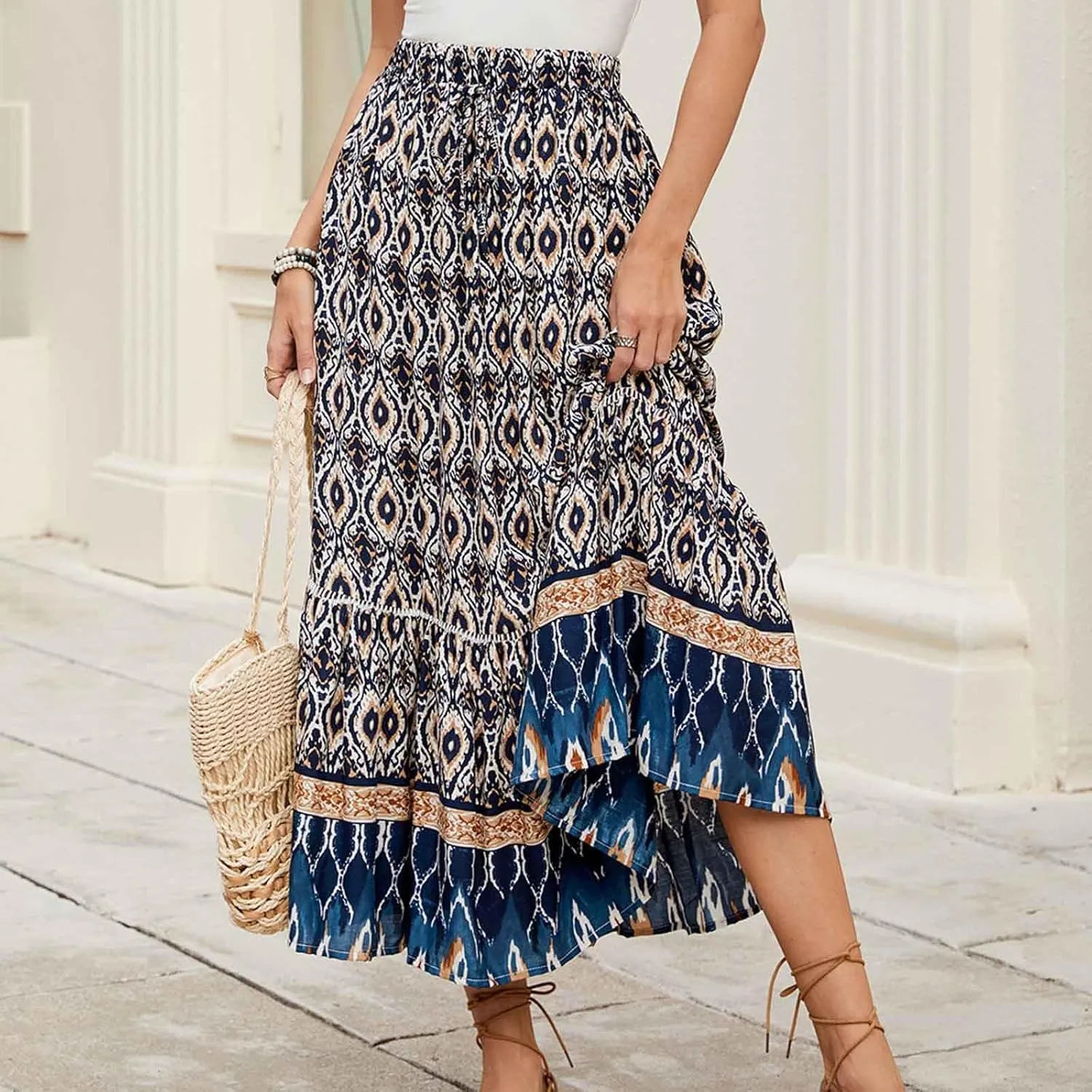 Women's Boho Flowy Midi Skirts Summer Casual Elastic High Waist A-Line Skirts Elegant Vacation Beach Long Skirt