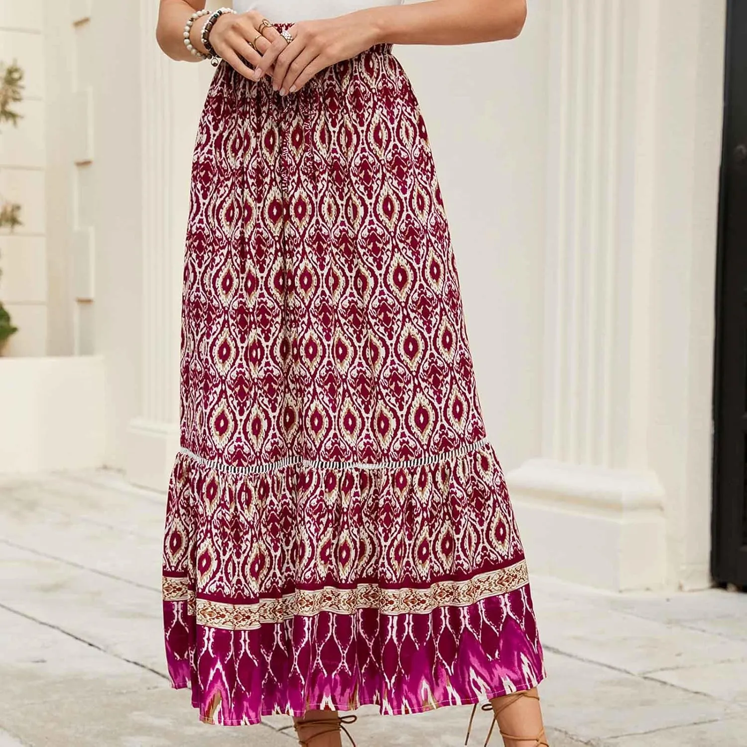 Women's Boho Flowy Midi Skirts Summer Casual Elastic High Waist A-Line Skirts Elegant Vacation Beach Long Skirt