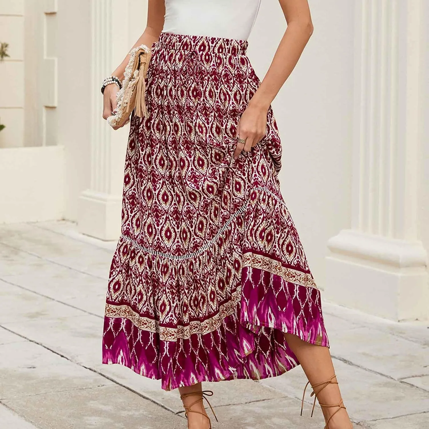 Women's Boho Flowy Midi Skirts Summer Casual Elastic High Waist A-Line Skirts Elegant Vacation Beach Long Skirt