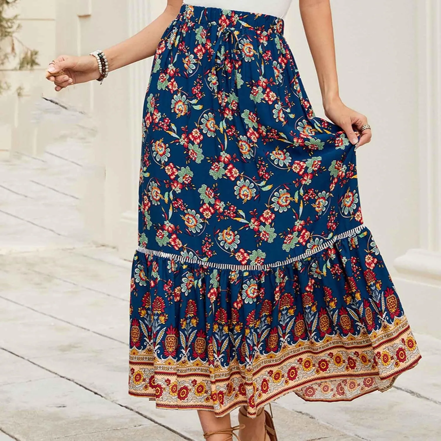 Women's Boho Flowy Midi Skirts Summer Casual Elastic High Waist A-Line Skirts Elegant Vacation Beach Long Skirt