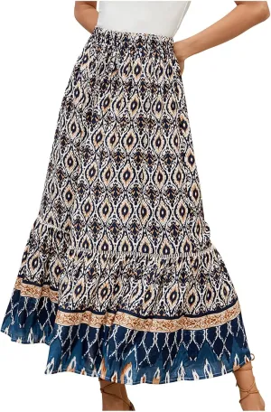Women's Boho Flowy Midi Skirts Summer Casual Elastic High Waist A-Line Skirts Elegant Vacation Beach Long Skirt