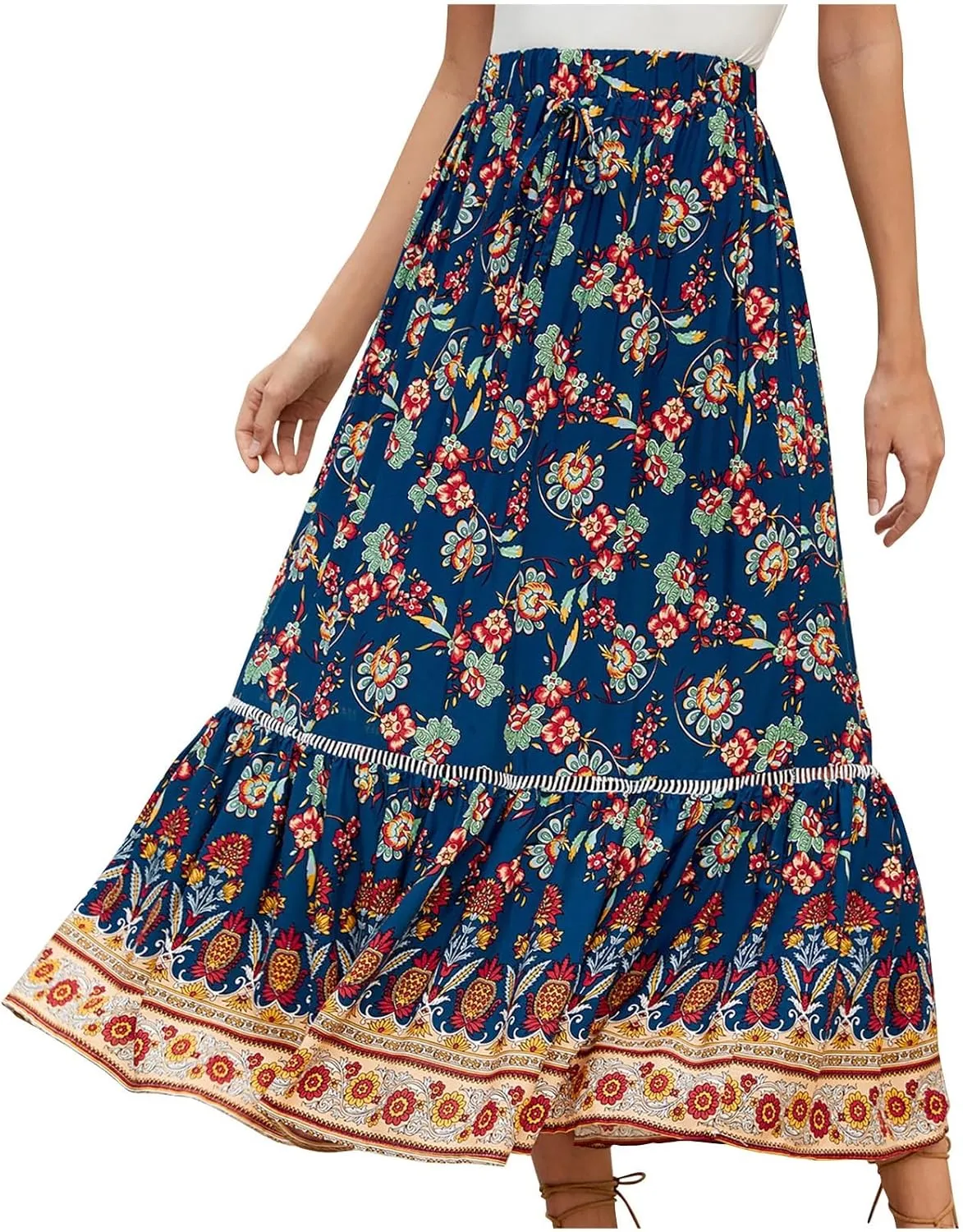 Women's Boho Flowy Midi Skirts Summer Casual Elastic High Waist A-Line Skirts Elegant Vacation Beach Long Skirt