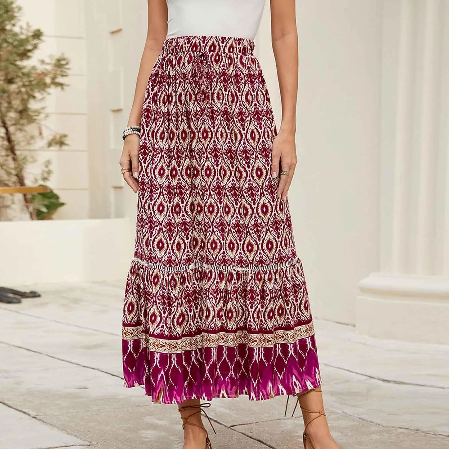 Women's Boho Flowy Midi Skirts Summer Casual Elastic High Waist A-Line Skirts Elegant Vacation Beach Long Skirt