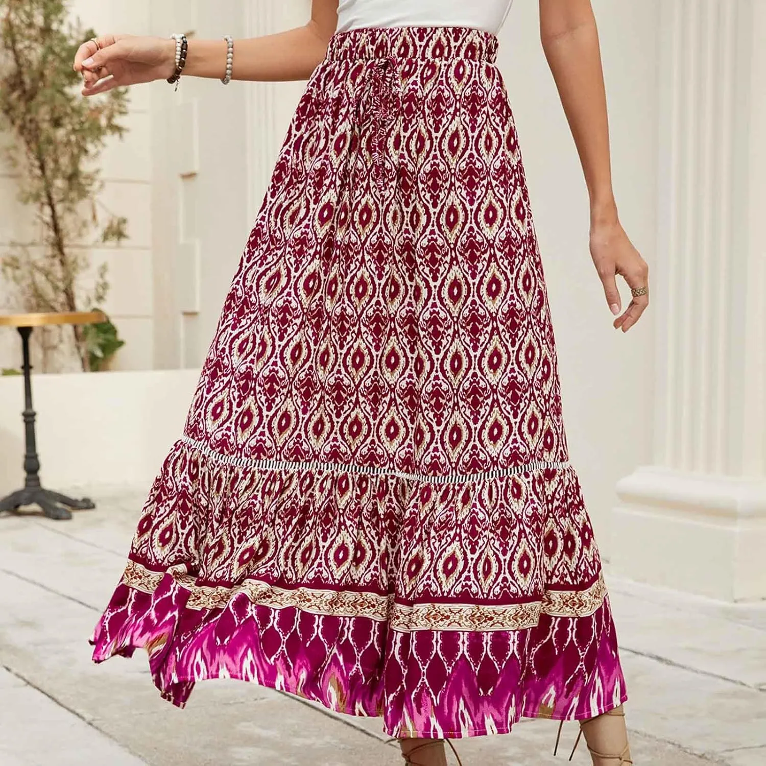 Women's Boho Flowy Midi Skirts Summer Casual Elastic High Waist A-Line Skirts Elegant Vacation Beach Long Skirt