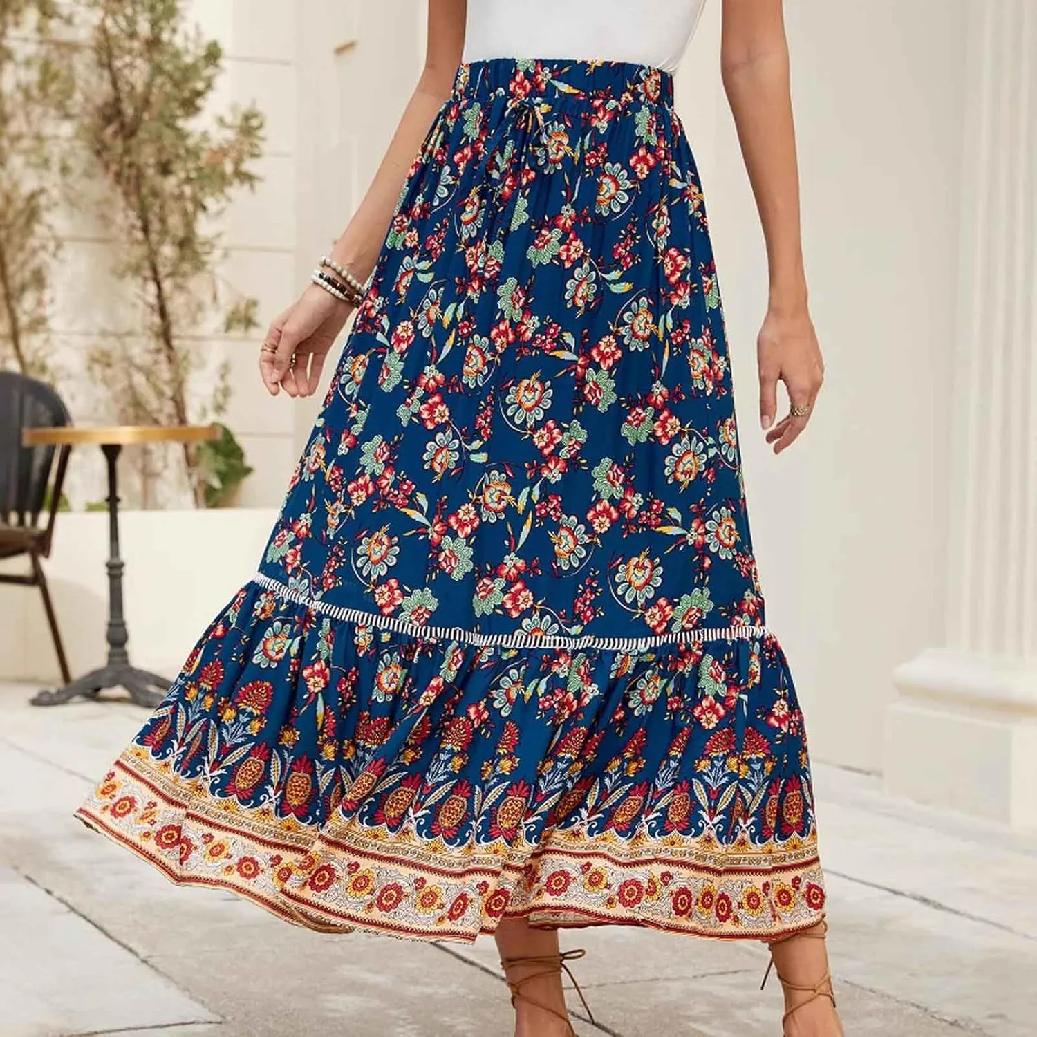 Women's Boho Flowy Midi Skirts Summer Casual Elastic High Waist A-Line Skirts Elegant Vacation Beach Long Skirt
