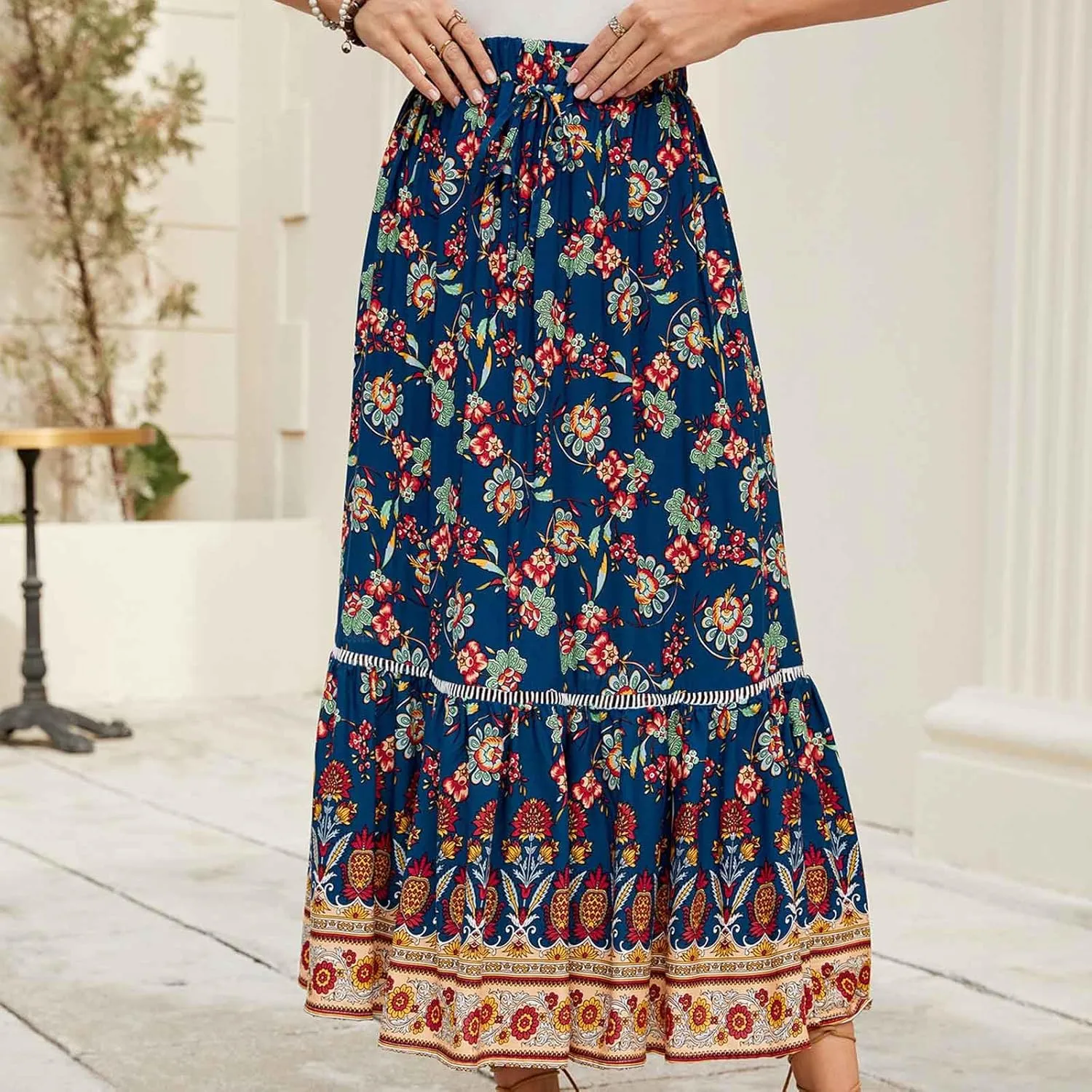 Women's Boho Flowy Midi Skirts Summer Casual Elastic High Waist A-Line Skirts Elegant Vacation Beach Long Skirt